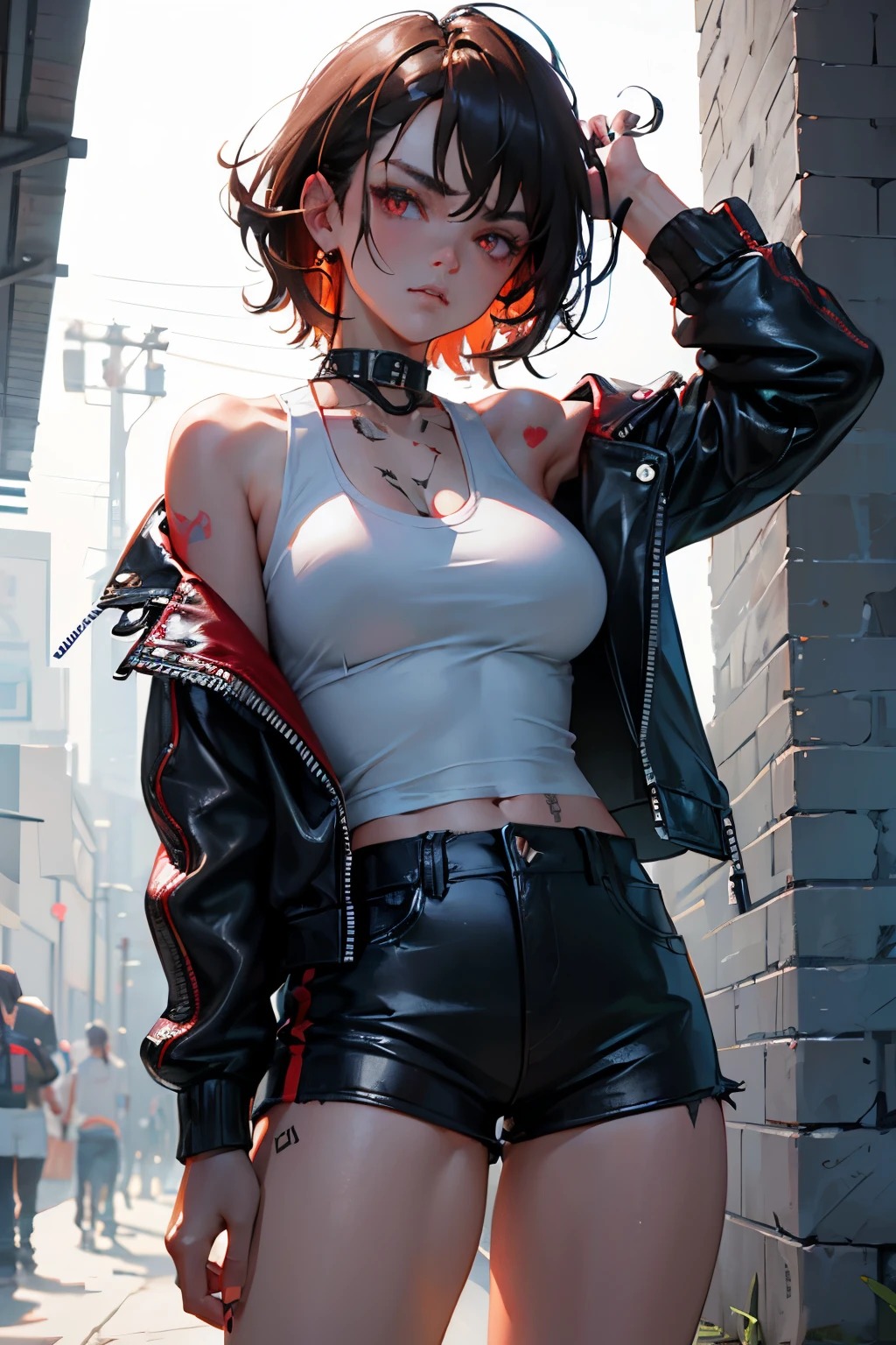 Intimidating Jacket Masterpiece, best quality, athletic girl, beautiful face, messy short ...