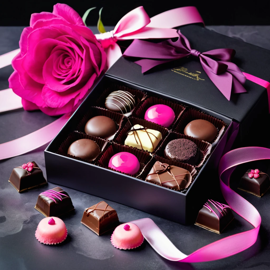 a close up of a box of chocolates with a ribbon, there is a box of chocolates sitting on a table with flowers, covered with pink marzipan. chocolate, chocolate packaging, packshot, licorice allsort filling, award winning dark, neon pink and black color scheme, award winning seductive, femme, The background is watercolor feminine art, gorgeous, irresistible, official product photo, elite, pink and black, yummy, hot pink and black, 🎀  🍓 🧚, thumbnail, ❤