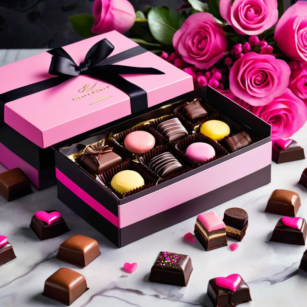 a close up of a box of chocolates with a ribbon, there is a box of chocolates sitting on a table with flowers, covered with pink marzipan. chocolate, chocolate packaging, packshot, licorice allsort filling, award winning dark, neon pink and black color scheme, award winning seductive, femme, The background is watercolor feminine art, gorgeous, irresistible, official product photo, elite, pink and black, yummy, hot pink and black, 🎀  🍓 🧚, thumbnail, ❤