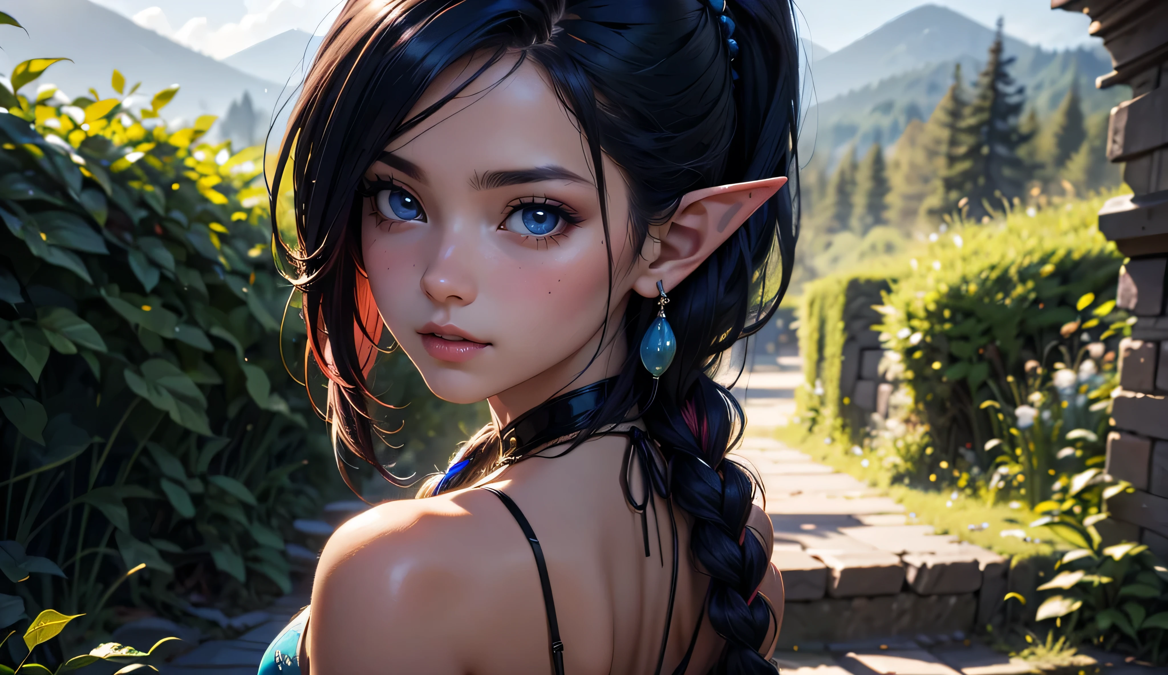 masterpiece, newest, absurdres, masterpiece, highly detailed, beautiful anime, lineart, realistic anime, semi realistic, extremely cute, ((very aesthetic, best quality, ultra detailed)), (perfect face, cute face, like face), fantasy background, extreme colors, Bavarian forest, mountainside, river, castle ruins, intricate details, colorful, ((dramatic lighting)), fantasy, young, girl, ((looking at viewer)), perfect face, ((torn clothes)), twinbraids, blonde, , elf girl, ponytail, sidelocks, pointy ears, sleeveless shirt, green thighhighs, black lips, mascara, Long eyelashes, dark elf, very long hair, multicolored hair, parody, braid, outdoors, messy hair, gradient hair, sleeveless, blue hair, twintails, hair ornament, looking back, bikini top only, tribal, loincloth, torn clothes, beads, hair beads, blue eyes, long hair, blonde hair