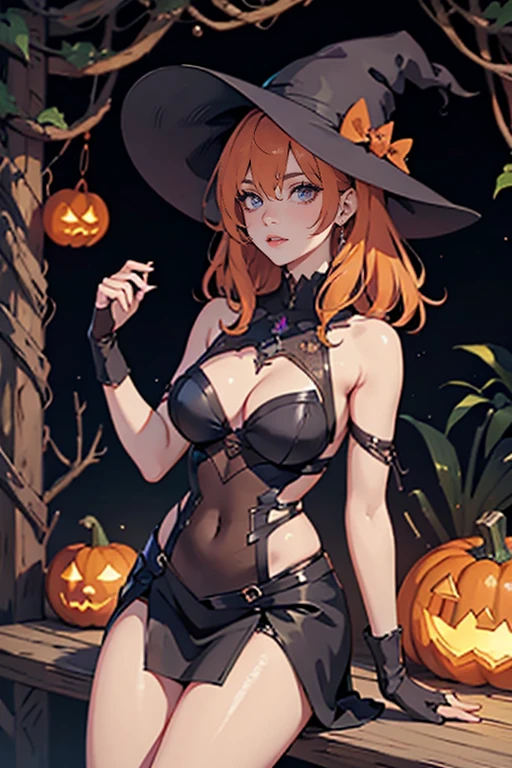 top-quality、Full limbs、complete fingers、One beautiful woman、Beautiful Large Breasts、orange color hair、straight haired、Halloween Party、(((Woman in black and orange Halloween style leotard)))、Halloween Cosplay、Naughty Poses、Naughty face、Kneeling