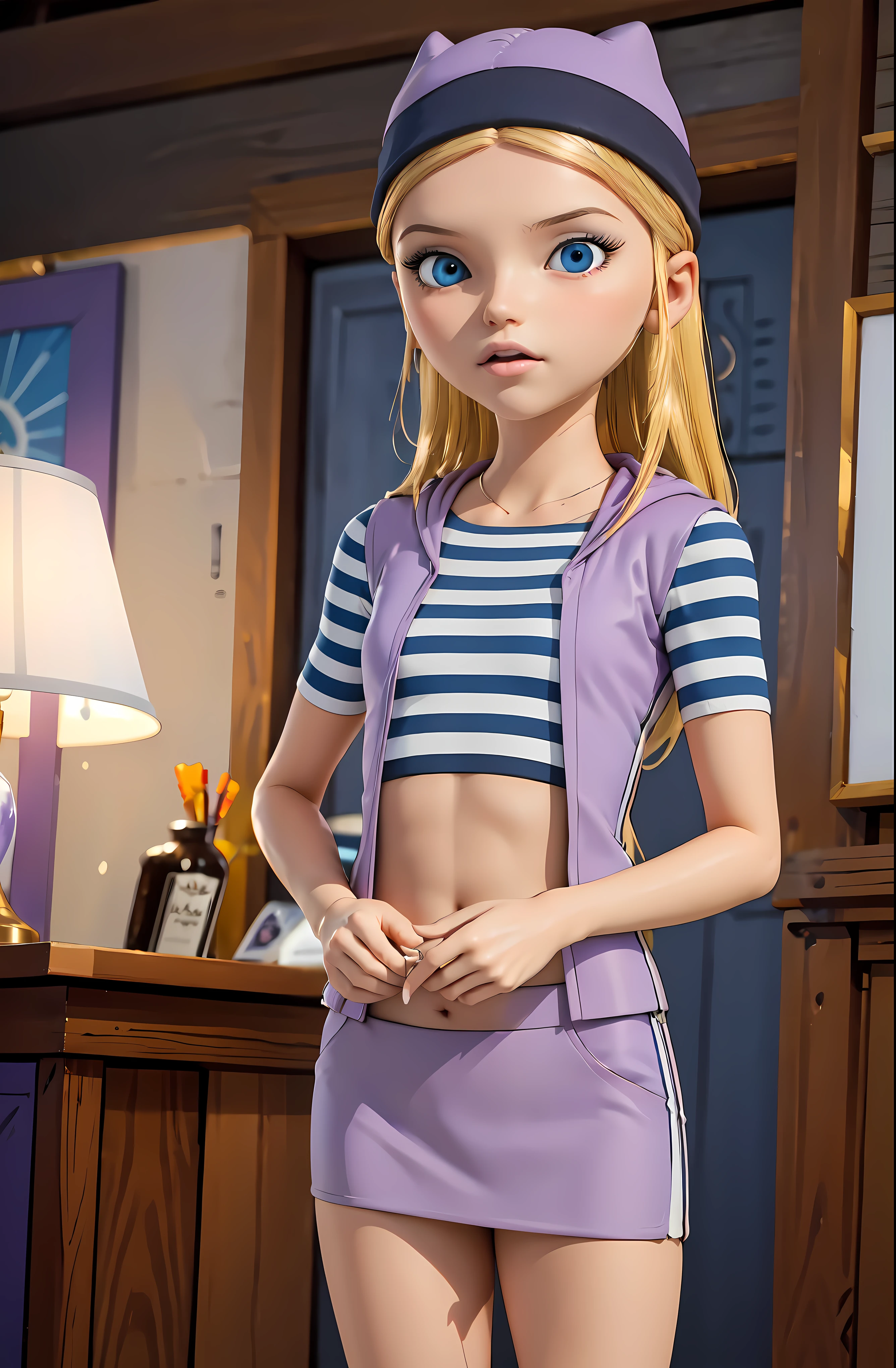 (8k, RAW photo, best quality, masterpiece:1.2), (intricate details), highres, perfect eyes, perfect face, perfect lighting, beautiful, (masterpiece:1.2), (best quality:1.2), 1girl, solo, chloe, blue eyes, blonde, purple beanie, purple vest, purple miniskirt, blue white striped shirt, long purple socks, purple vest, striped shirt, navel shirt, sneakers