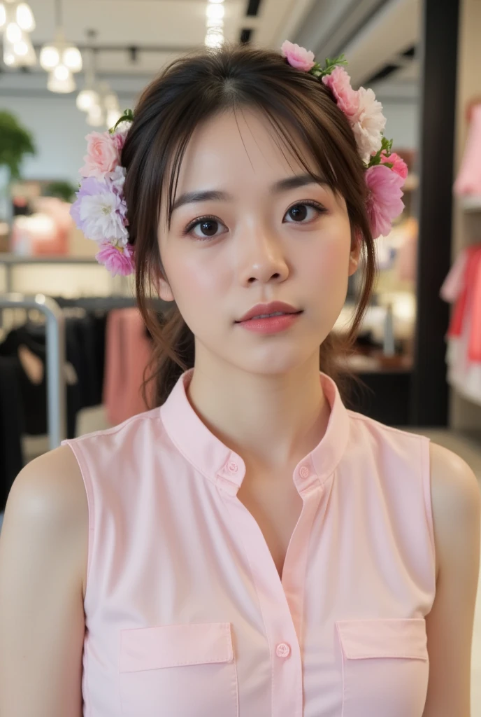 huongtrinh, 1 woman, Photography, realistic, full-body shot , wearing a pink sleeveless shirt and white skirt standing in fashion store, she has pretty lipstick, daylight, detailed, beautiful makeup 