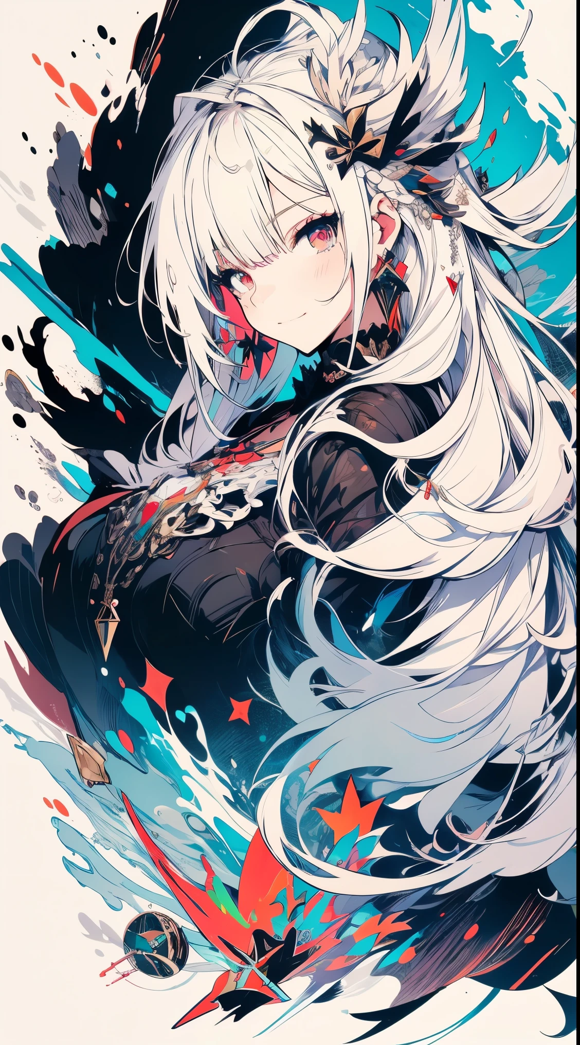 , (masterpiece:1.2), best quality,midjourney,
1girl, solo, long hair, white hair, looking at viewer, long sleeves, black dress, dress, own hands together, ahoge, very long hair, shirt, bangs, red hair, hair ornament, heterochromia, multicolored hair, pointy ears, purple eyes, white background, white shirt, closed mouth