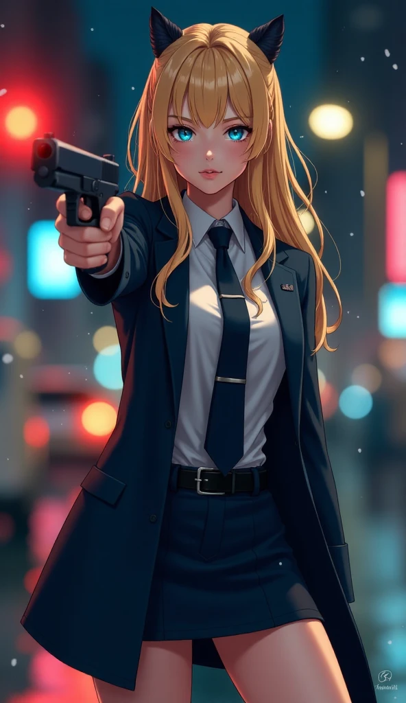 1 Female、Solo、American Beauty、Super beautiful、Facial beauty、blue eyes、Standing、New York Police Uniform、mini skirt:1.5、Wearing a uniform coat、Golden Hair、Night Street、Backlight、The wind is blowing、Snow is falling、He is looking intently at the barrel of the gun.、Thigh-up shot、pointing pistol