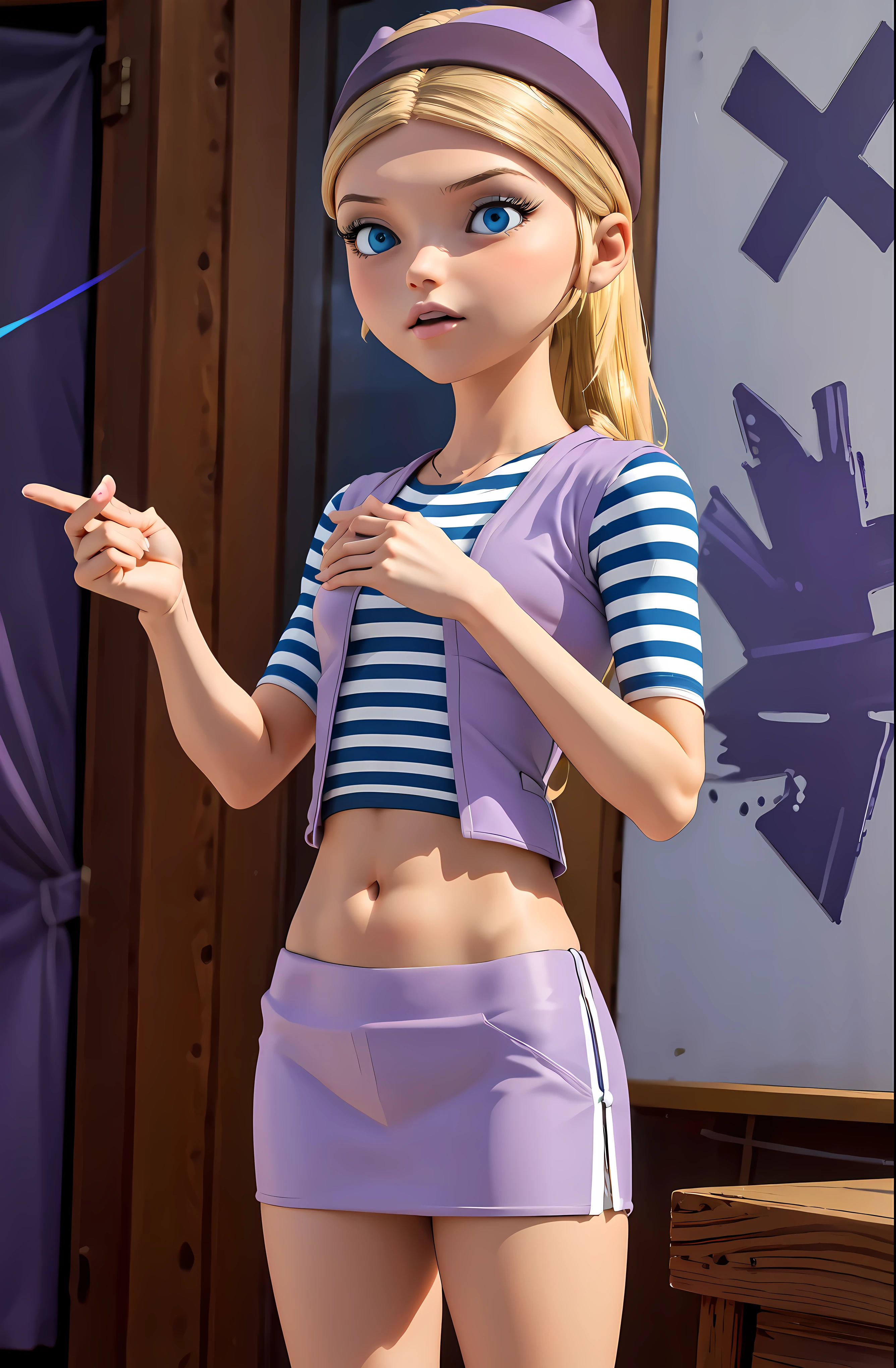 (8k, RAW photo, best quality, masterpiece:1.2), (intricate details), highres, perfect eyes, perfect face, perfect lighting, beautiful, (masterpiece:1.2), (best quality:1.2), 1girl, solo, chloe, blue eyes, blonde, purple beanie, purple vest, purple miniskirt, blue white striped shirt, long purple socks, purple vest, striped shirt, navel shirt, sneakers