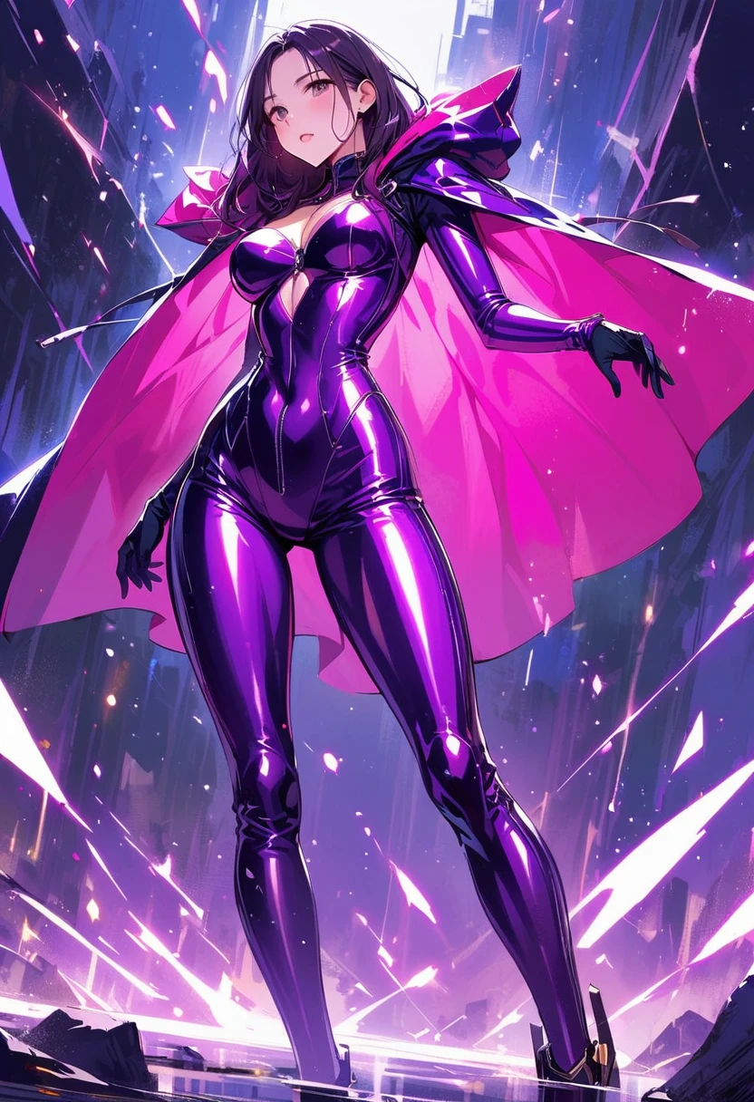 Allalyn in a shiny purple suit standing on the floor, latex shiny, Wearing Kudo Tsuko latex suit, wearing a tight suit, smooth purple skin, Purple body, shiny metallic skin, shiny plastic, Futuristic glossy latex suit, shiny plastic armor, shiny skin, body-hugging suit, wearing latex, shiny and metallic, glowing purple, smooth,Cloak, exoskeleton