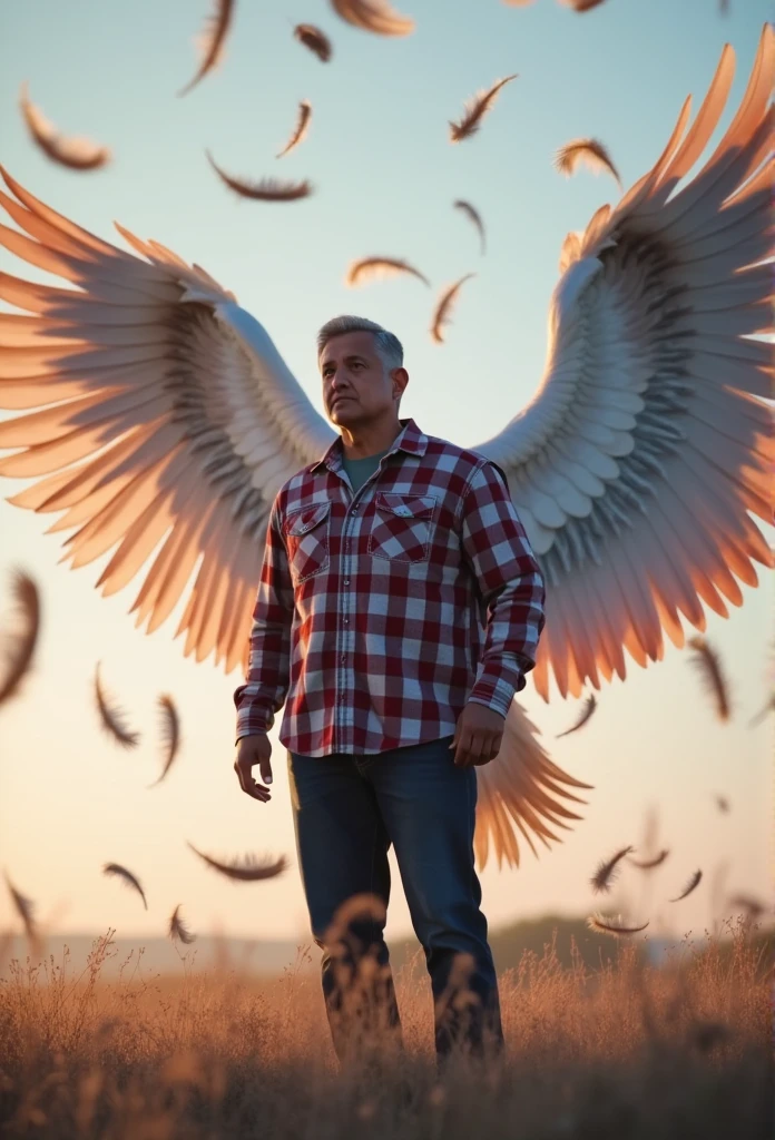 A Brazilian Army Soldier with Angel Wings on his back walking down the street hand in hand with his son