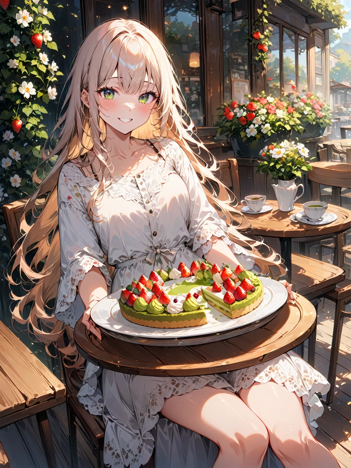 
1girl, perfect body, anatomically correct, correct ratio, solo, long hair, flowing hair, cheerful smile, sitting at a sunlit café table. In front of her is a beautiful seasonal dessert platter featuring vibrant strawberries, matcha cake, and chestnut tarts, artistically arranged. The background showcases a cozy terrace filled with blooming flowers and greenery, creating a warm and inviting atmosphere. (masterpiece, best quality, very aesthetic, absurdres), (8k, RAW photo, best quality), (extremely detailed 8k wallpaper),