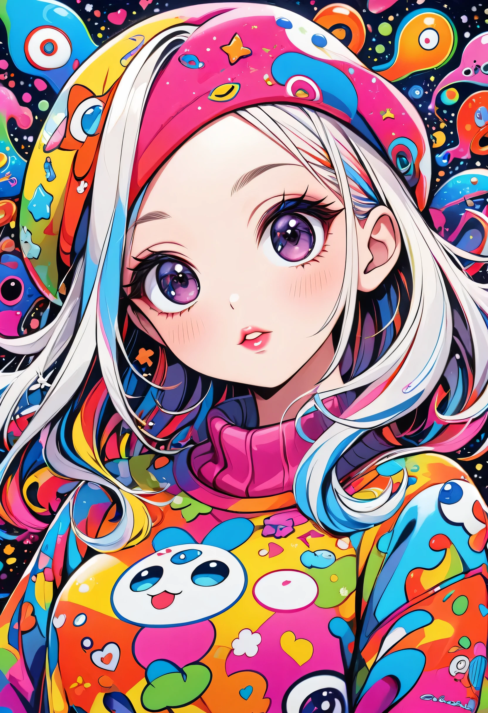 Ultra-realism Kenny Scharf colorful style, Simple Line Initialism,Abstract art,(((The most beautiful girl of all time))), Sweet face. Lips in love, stylish design, Dark Eyes, (((Holiday Room))), (((Cute amoeba)))