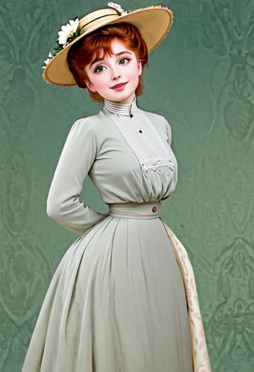 Anna as a coquettish **** redhead Gibson Girl of the 1900s. Year 1903. 1900_dr3ss. High-collar long sleeve shirtwaist, flower-brimmed hat. Long hair. Large breasts, wasp waist, bubble butt