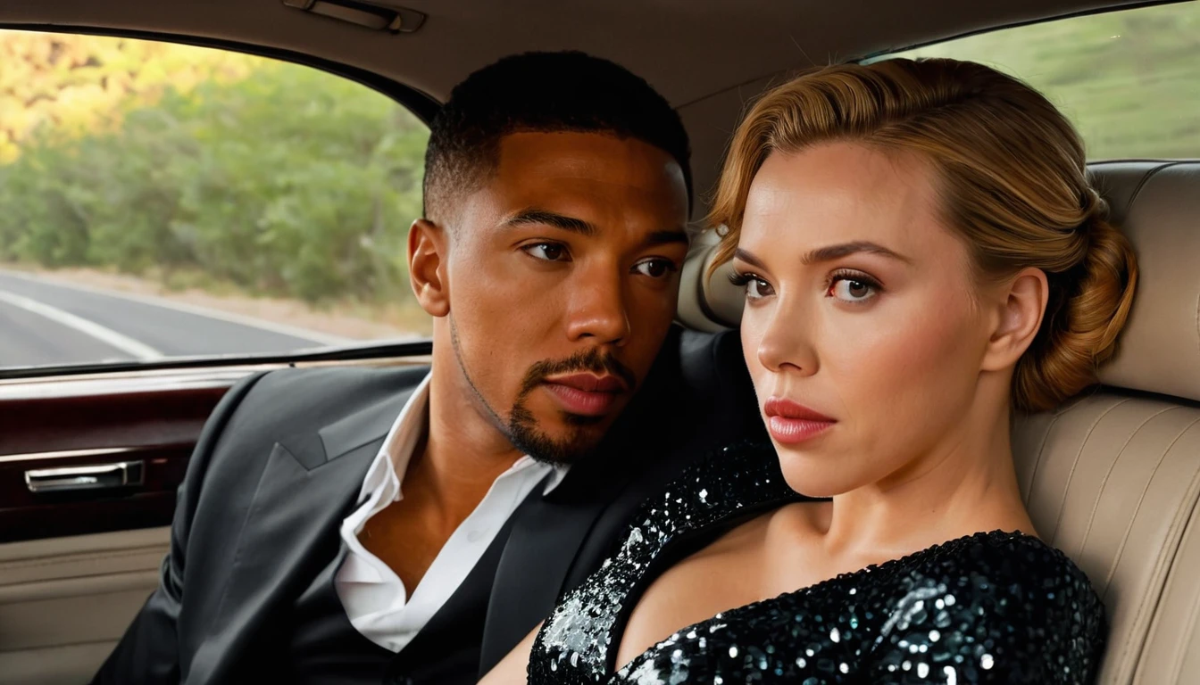 ((best quality)), ((masterpiece)), (detailed), hyperdetailed photography, sunset, naked Taylor Swift with thick, toned thighs, butt, and legs kissing a black young high school boy in a limo