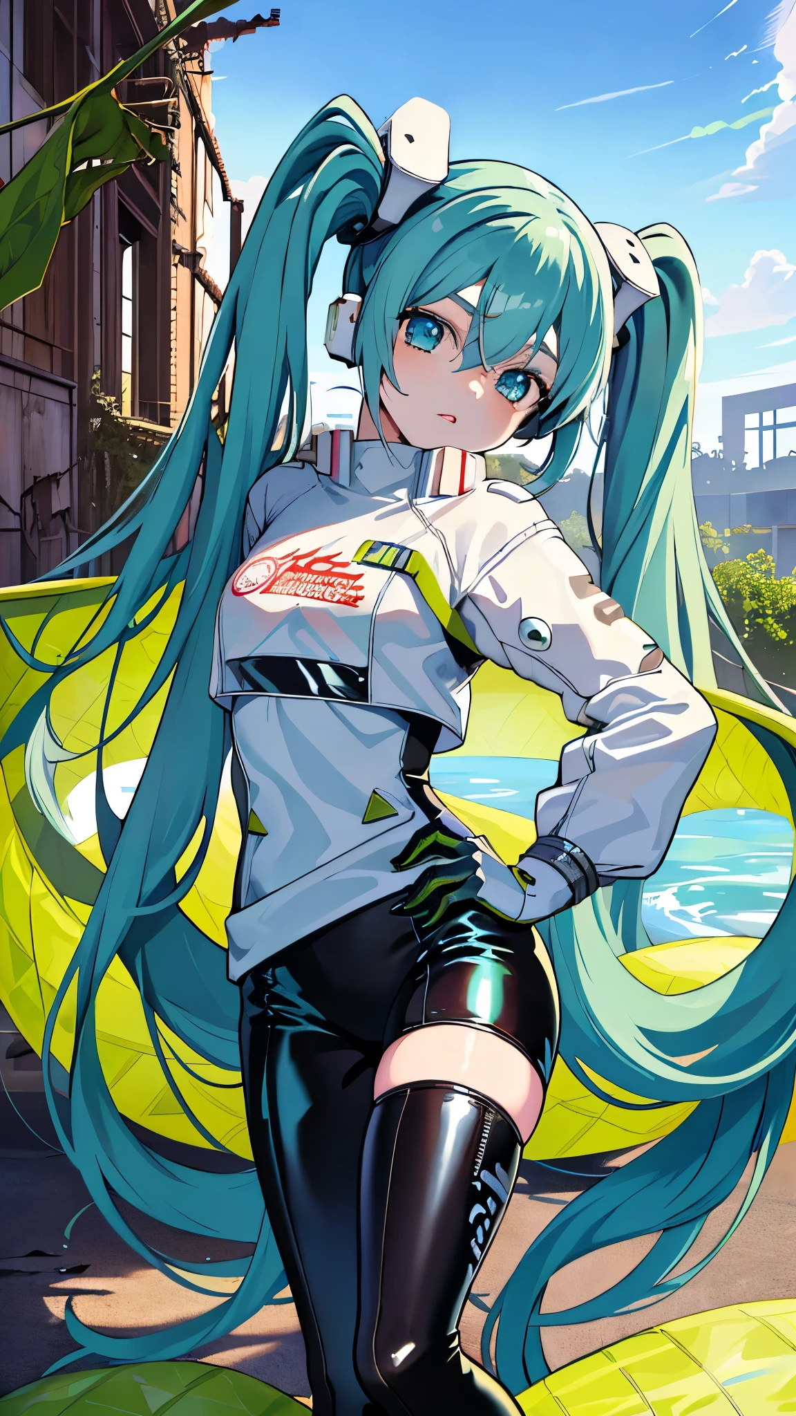 (masterpiece, highest quality), Backlight, Lens flare, Wide Shot, Fisheye Lens , (Face Focus, Depth of written boundary, close: 1.5), Super Detail, figure, colorful, (Fault Color: 1.3), (Immidshot: 1.3), video, Wide-angle, Upper Body, miku hatsune, big breasts, Spotless, Dark green hair, Twin tails, Very long hair, Put your arms behind your back, blue eyes, Glowing Eyes, Relaxed face, Eyebrow hair, Shiny Hair, Glowing Skin, A light smile, racing Miku, Black bodysuit, Cropped jacket, White jacket, Long sleeve, Two-tone gloves, Thigh-high boots, bright, Beautiful detailed sky, city, street,