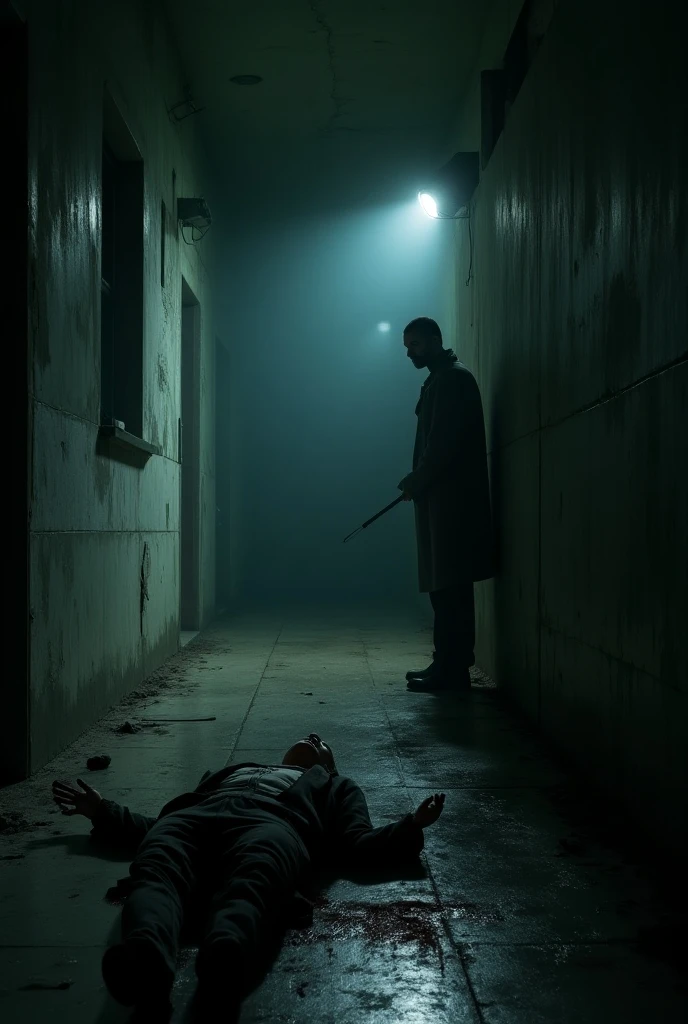 "Create an image that represents the concept of 'qualified homicide', as defined in the Brazilian Penal Code. The scene must contain elements that indicate premeditation or cruelty, as a figure preparing or executing an act of violence against another person. The atmosphere must be intense and charged, conveying the gravity of the crime. Details such as an isolated environment, instruments used in crime, or the presence of ties may be present to indicate the qualifiers.