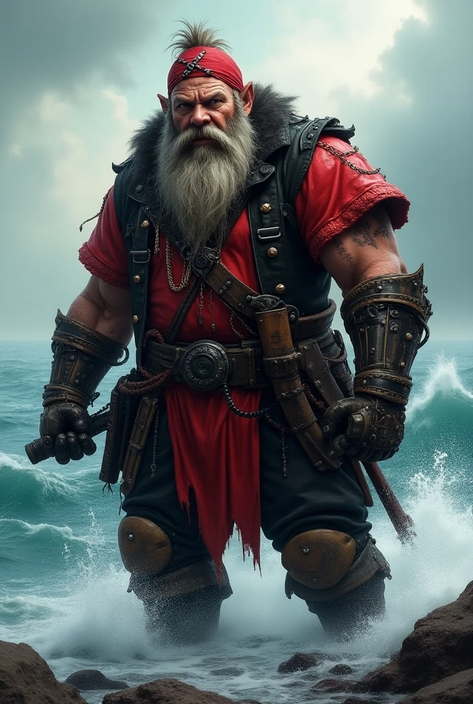 a tall, very muscular old man holding an anchor on his back