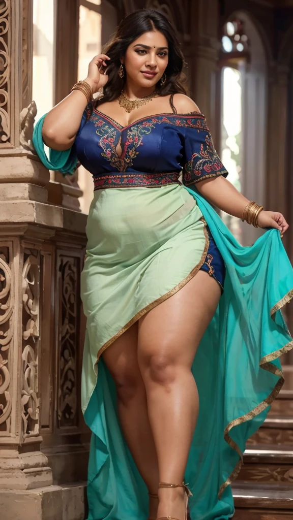 A radiant South Indian 45 year old aunty, with her curvaceous figure , envelops jubilant group of 55 year old joyous embrace in living room, captured in a full body image with vibrant colors and intricate details.