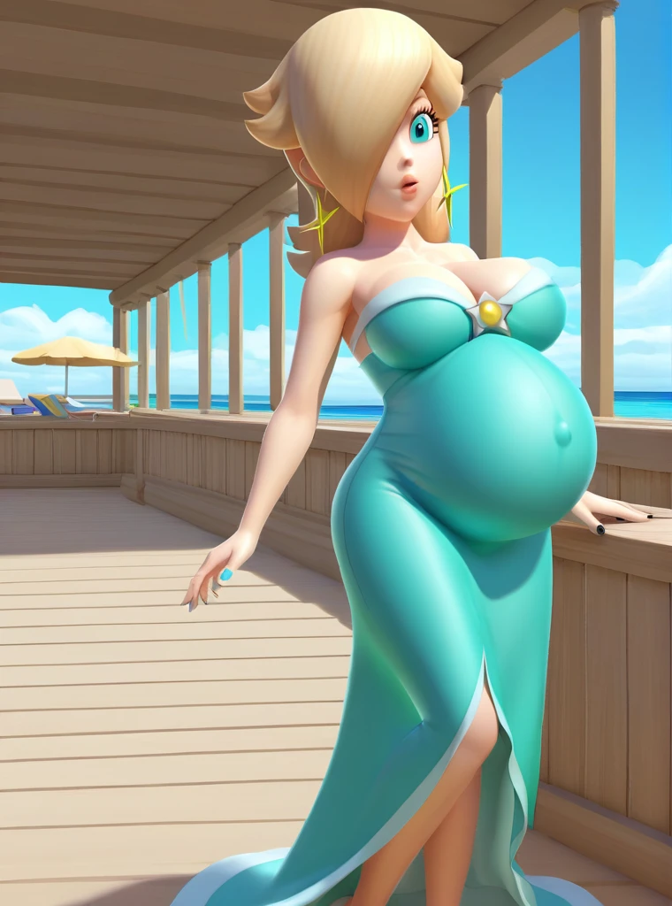 score_9, score_8_up, 1girl, solo, rosalina, style parody, thick outlines, dress, bikini, pregnant belly, big belly, sleeveless, strapless, cleavage, indoors, beach, black nails, complete body, perfect, blue nails, Big breasts, large Belly,