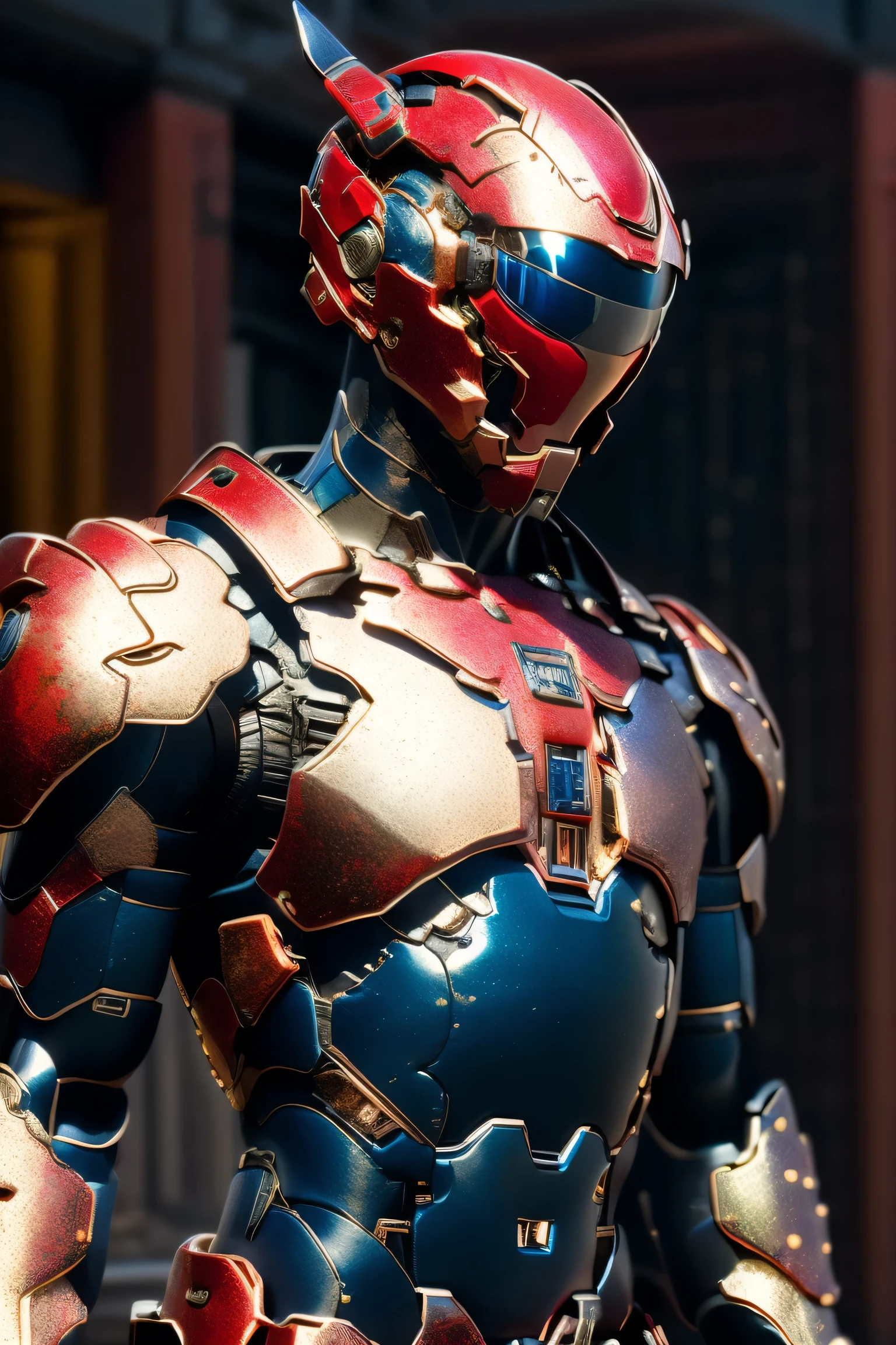 (red mech bodysuit), whole body, ((night)), cyber punk city,  bodysuit with red or blue accents based on silver,  eyes glow red , Suit parts are large ,  lots of light effects , helmet with horns, Unreal Engine 5, High image quality,  best quality,  High Resolution , Super detailed, Fine painting, Extremely delicate, professional,  anatomically accurate, creativity, RAW Photos, 超 High Resolution , 32K, Natural Light, Cinema Lighting, masterpiece-anatomy-perfect, masterpiece:1.5, Portrait