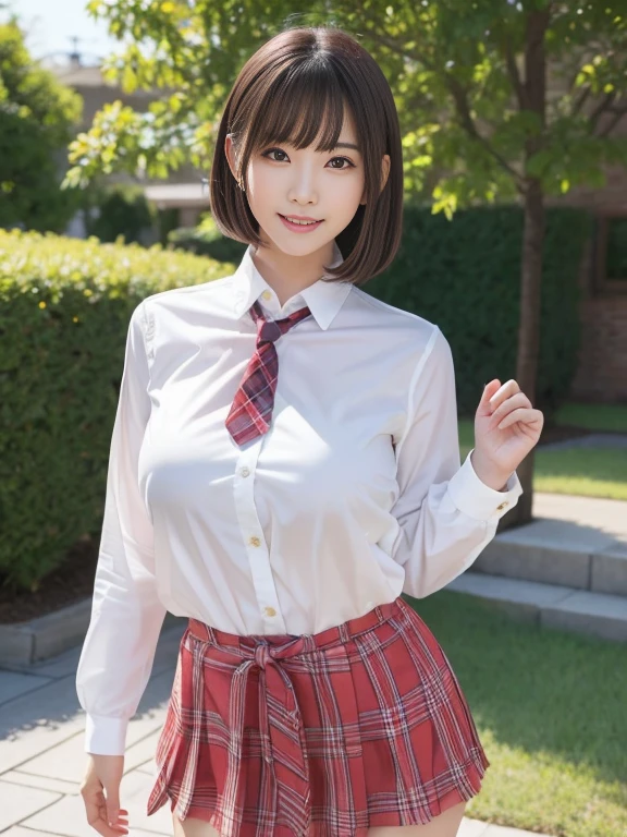  girl.................,, in front of the school、Connect to skirt with suspenders、White shirt with long sleeves、Plaid skirt、Lori, , sakimichan,, nice and cute, Innocent smile,  , Lovely smile, sakimichan HDRI、loli big boobs、(Beauty Big 1:2)、a blond、a blondの髪、Blue eyes、little girl hort bob、Pose cutely