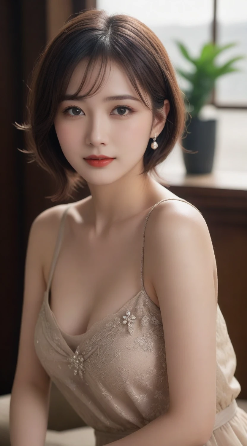  HIGHEST QUALITY , 8K, masterpiece :1.3)), whole body,  clear focus :1.2,  pretty woman  with perfect figure :1.4, Slim abdominal muscles :1.2, ((  dark brown hair  , 36D large breasts :1.2)), (masterpiece:1.3), (8K, Realism, RAW photo,  Best image quality : 1.4), Japanese schoolgirl、Shoulder-length hair，Lysis:1.2、 super detailed face 、attention to detail、Double eyelids、Hold your head high and your chest high、 clear focus:1.2、 pretty woman :1.4、 light brown hair 、 HIGHEST QUALITY 、masterpiece、 Ultra High Resolution 、(Realism:1.4)、 Highly detailed and professionally illuminated smile、 Vintage fashion, Classical Beauty, Nude lipstick,  detailed facial features , Expressive dark eyes , Clear eyebrows, Fashion,  Vintage accessories,  High Contrast ,  dramatic lighting , cinematic atmosphere, Nostalgic atmosphere , Soft Focus,  Sophisticated glamour,  seductive posture , Thin necklace in white gold, Cigarette holders, Timeless elegance,  Film noir atmosphere, Fascinating existence,  Black satin dress, Cut silhouettes,  Movie actress, Romantic charm, Fascinating gaze, Simple background,  Fine lace details,  Old Hollywood glamour,  Impressive composition,  Reminiscent of a bygone era,  A little bit of mystery, Eternal beauty,  Movie star quality, powerful and,  Bright and confident, Mysterious smile,  Femme fatale charm,  Timeless portrait,  Chiaroscuro lighting, Shoulder-length hair,  highly detailed facial ,whole body写真