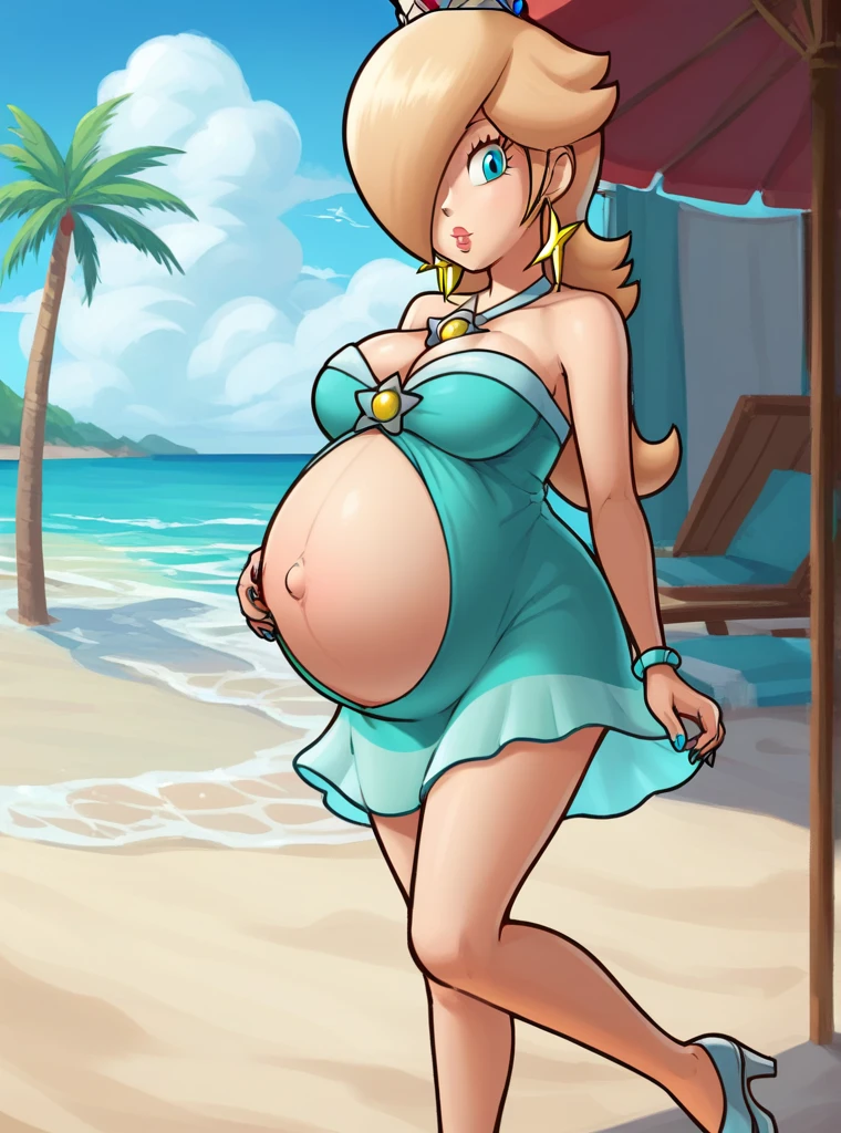 score_9, score_8_up, 1girl, solo, rosalina, style parody, thick outlines, dress, bikini, pregnant belly, big belly, sleeveless, strapless, cleavage, indoors, beach, black nails, complete body, perfect, blue nails, Big breasts, large Belly,