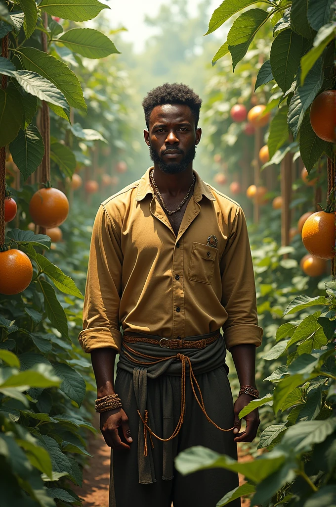 Design a hyper-realistic image of an African man standing in the midst of a lush, thriving garden. The scene should capture the man surrounded by vibrant greenery, with an array of colorful fruits, vegetables, and flowers flourishing around him. His expression should reflect a deep connection with nature, as he stands confidently in this abundant space. The light filtering through the plants adds a natural, warm glow to the environment, highlighting the richness and vitality of the garden.