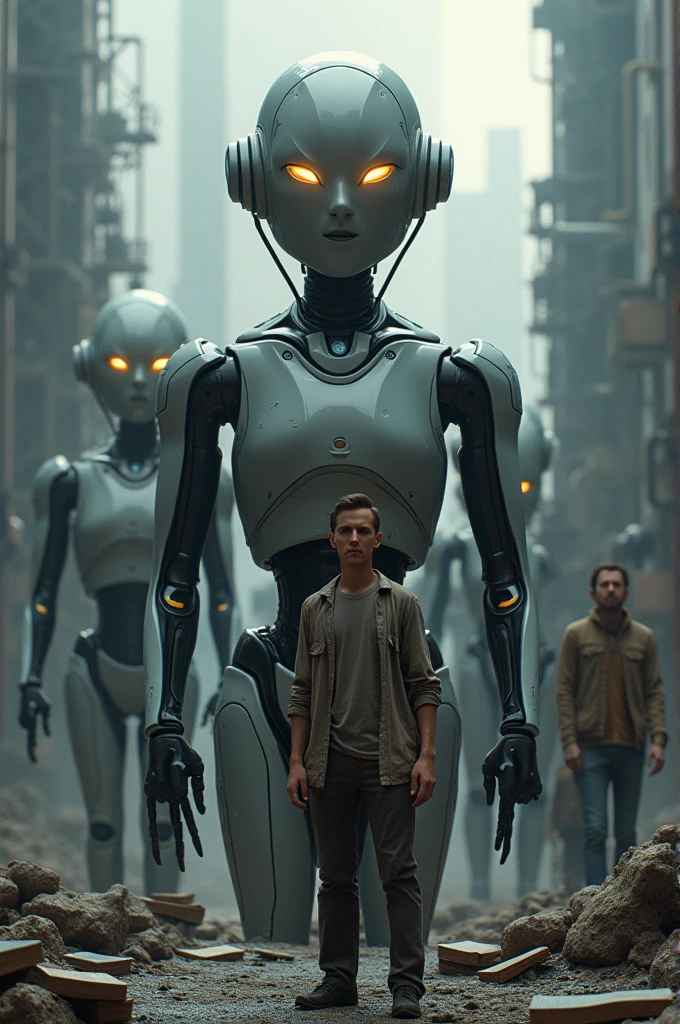 there is a man standing next to a robot with green eyes, a  biopunk cyborg, still from the movie terminator, augmented cyborgs, robot cyborgs, movie still of a villain cyborg, cyber implants, cybernetic implants, cyber skeletons, machines and futurist robots, a teenerpunk cyborg, cybernetic bionic ancient cyborg, death and robots --auto --s2