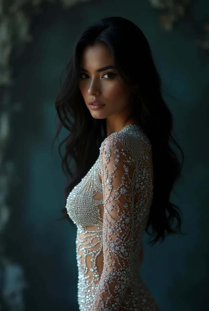((Masterpiece)), ((highest resolution)), (a beautiful woman), ((detailed skin texture)), ((high detail face)), (strong body), ((broad shoulders)), seductive smile, partially transparent lacy high detail plunging bodycon bodysuit, (realistic photo), (best quality), (detailed), shot on a Canon EOS R5, 50mm lens, F/2.8, HDR, (8k), (wallpaper), (cinematic lighting), (dramatic lighting), (sharp focus), (intricate), RAW photo, posing for camera, 8k uhd, high quality, film grain, by Craig Morey
