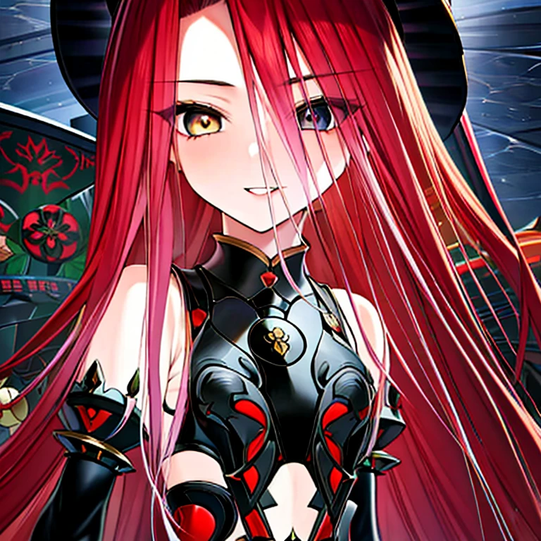 Kizi, with a seductive look, and dashing smile.,Gothic style., vibrant colors., russet hair.,