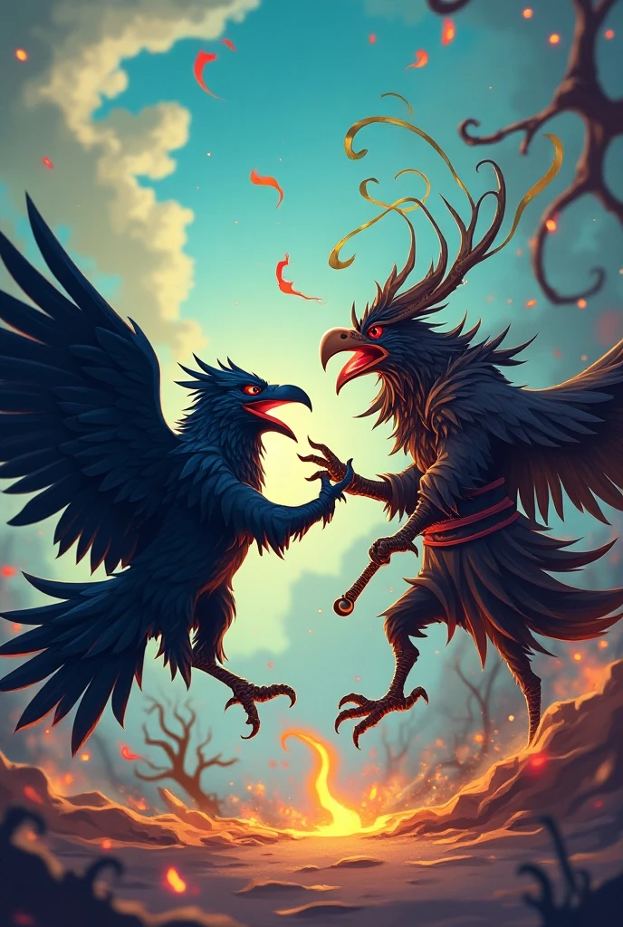 blue and red bird attacking each other