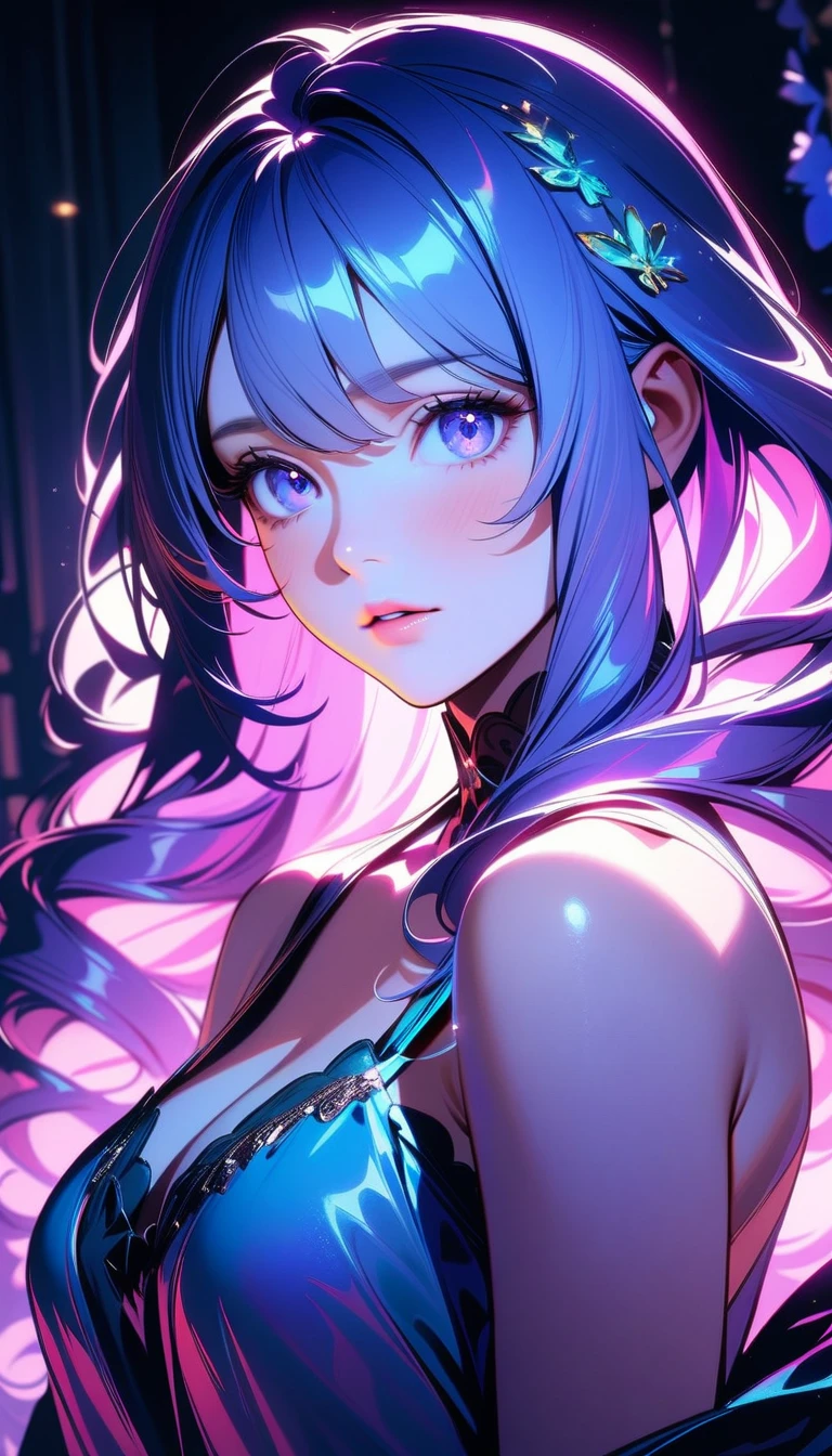 detailed lighting, detailed shadows, 1 girl, beautiful detailed eyes, beautiful detailed lips, extremely detailed face and eyes, long eyelashes, beautiful nightgown, purple eyes, moderate breast, narmaya, portrait, cinematic, dramatic lighting, vibrant colors, fantasy, ethereal, elegant, (best quality,8k,highres,masterpiece:1.2),ultra-detailed, drill hair