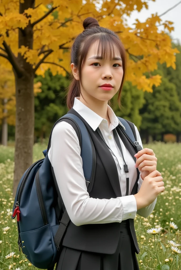 huongtrinh, 39 year old, vietnam girl, be careful when browsing :-2, Cute school girl photos,  supermodels, Further face up , Realistic, Beautiful woman face,  staring straight at the camera :1.37, , Realistic, Very realistic photos, standing,  Perfect Anatomy:1.21, Small head:1.21, Thin lips:1.5, Close your lips, Portrait of a Japanese woman:1.21, Sober uniform, Blazer Uniform, Blazers from famous high schools in the city, Black Blazer, White collar shirt:1.21, Loop Ribbon:1.21, black pleated skirt :1.21,  carrying a dark blue school backpack , Brown Hair:1.21 ,  chignon hair :1.21, Cute Japanese Women:1.21, Beautiful Japanese woman&#39;s face:1.21, Symmetrical eyes, Sharp eyebrows:1.37, Detailed face, White skin:1.21, Fine skin, Glowing Skin:1.21,  natural light illuminates her :1.37,  blurred background of autumn ginkgo trees , Based on warm colors :1.37, Silky Screen,  nostalgic photo ,  dynamic and cinematic lighting shines in,