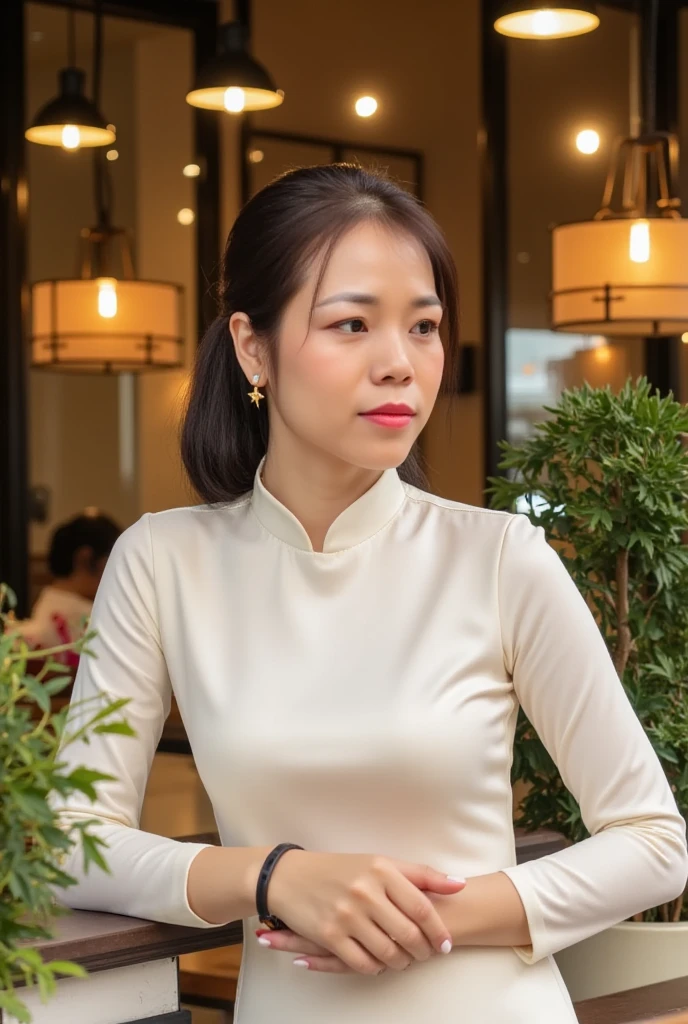 huongtrinh, 39 year old, elegant, natural pose, straight hair tied in a low ponytail, cream-colored fitted dress, smooth silky material, star-shaped earrings, bracelet on right hand, relaxed pose, leaning against a counter, looking to the side, smooth skin, indoor café setting, warm ambient lighting, hanging pendant lights, casual and modern atmosphere, front view, shallow depth of field, well-balanced exposure, sharp focus on the subject.