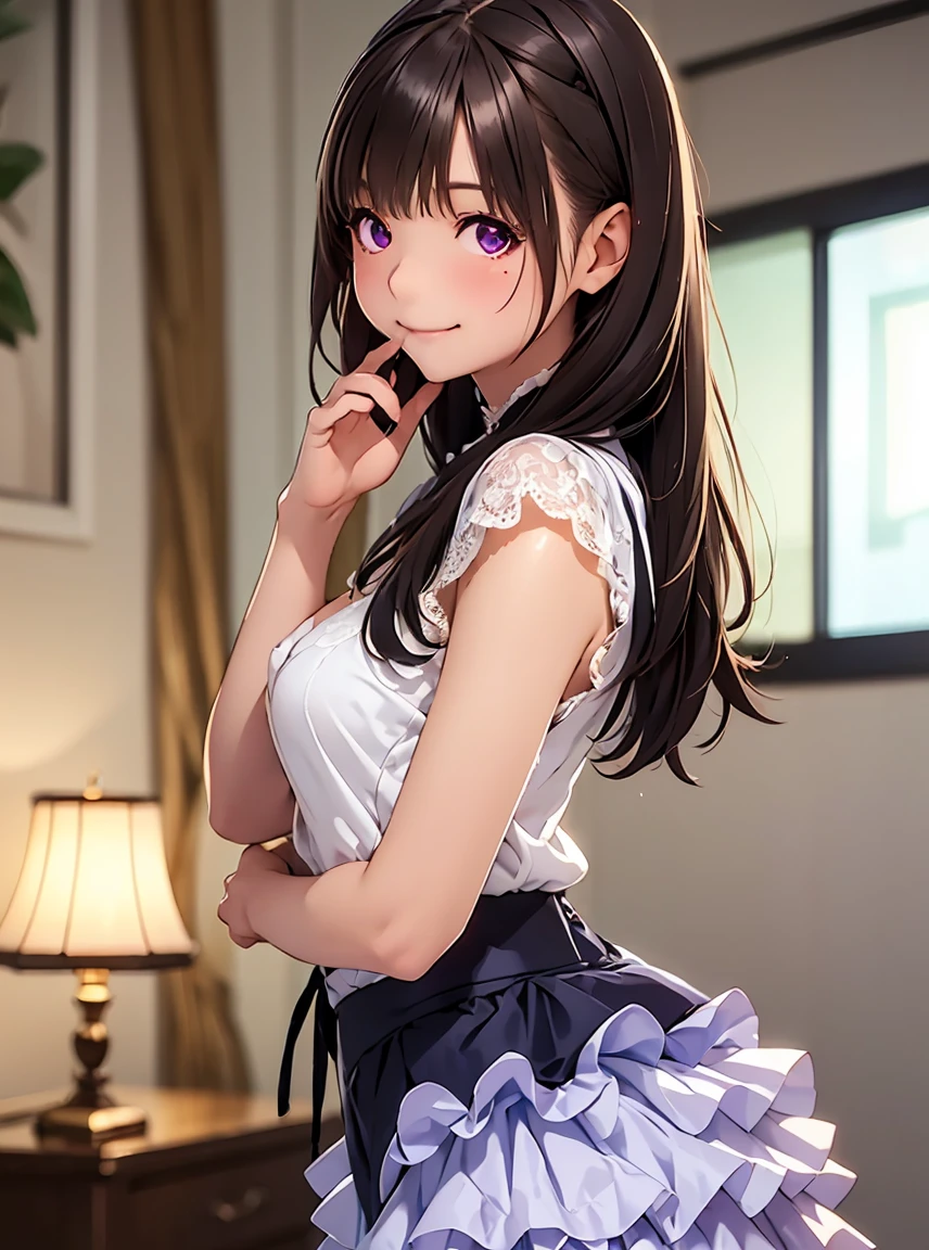  High Resolution ,In 8K,Best Quality,detailed,Semi-realistic anime,3D anime style,Smooth anime CG,One Girl,19 year old Japanese woman,slim,Modeling, ((Semi Long Cheek Hair )), Beautiful brown hair,detailedな顔,Beautiful and detailed,Glowing Skin,(( deep blue-purple glowing eyes)),(Small breasts),(((Shut your mouth.))),(Smile),(((lace and tulle layered skirt with ruffle crinoline))),( lace up long boots)