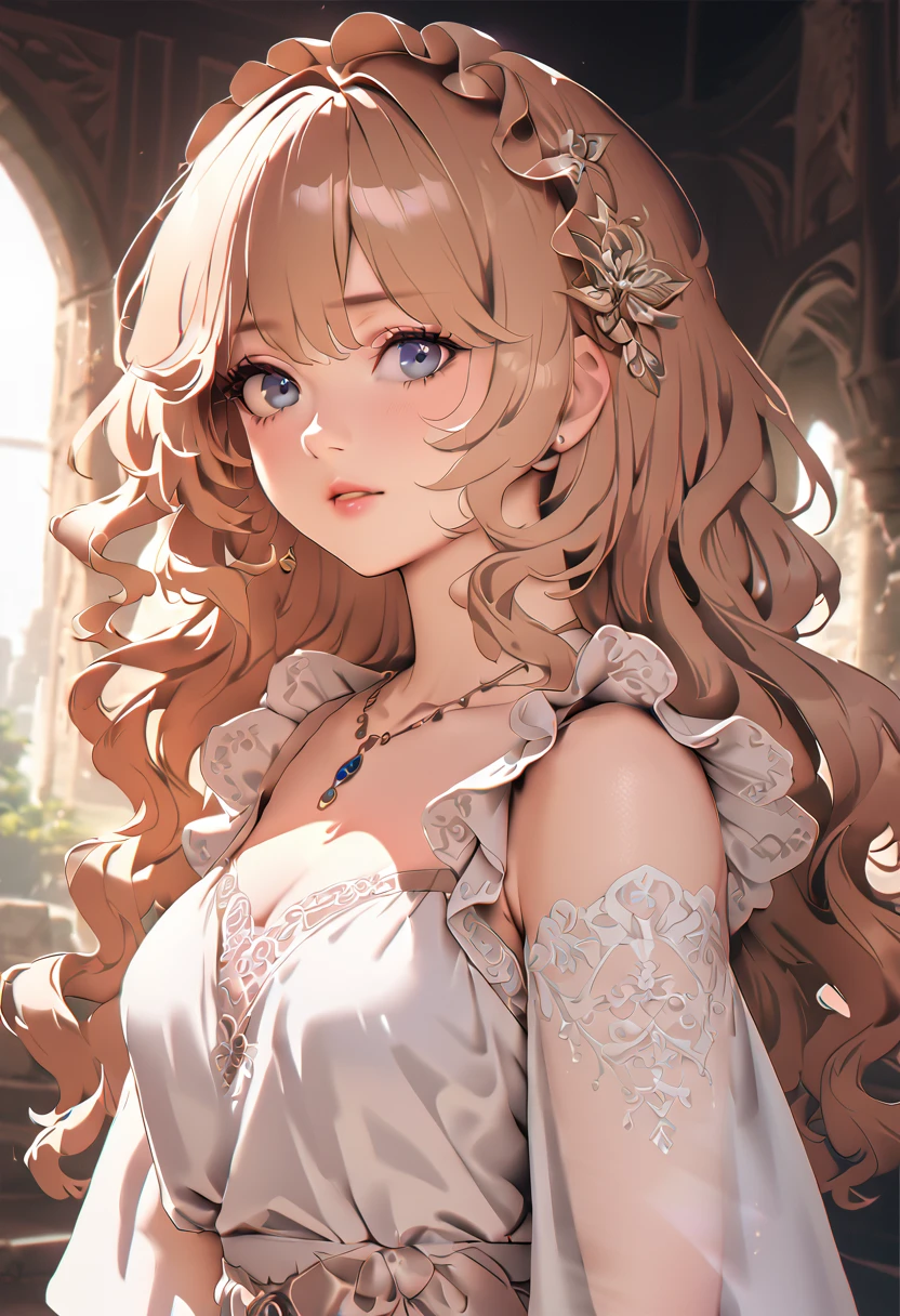 a beautiful elegant woman with blue eyes and blonde hair, realistic portrait, 8k resolution, beautiful cg, soft light, ultra-detailed, masterpiece, cinematic lighting, glowing skin, detailed facial features, serene expression, flowing hair, delicate jewelry, luxurious dress, dramatic shadows, warm color palette, moderate breast, cleavages 