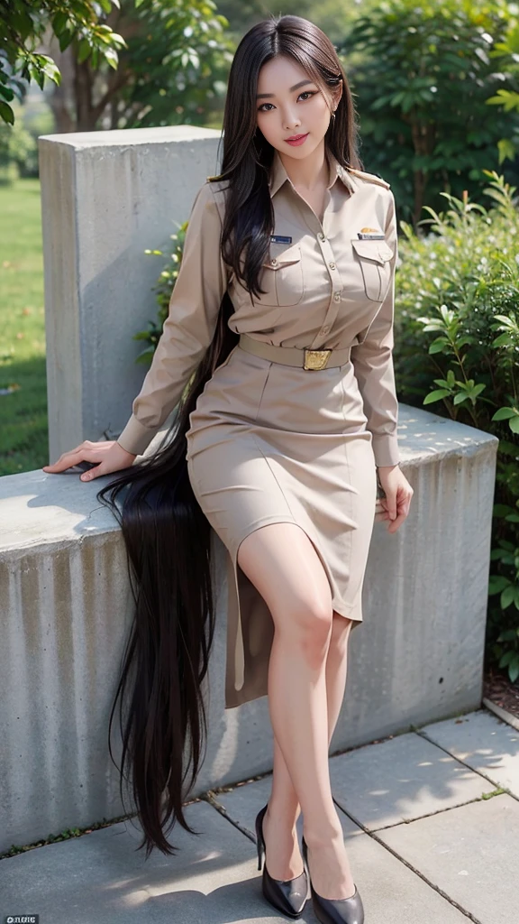 (( Full Body Photos:1.3)), Khaki suit, Khaki civil servant, Thai teacher uniform:1.3, Two meters long hair, Long hair that catches the eye, Long black hair, Her hair is very long., Long, shiny hair, Long, thick, soft hair, Dynamic Post,  short-sleeved shirtสีกากี, Short pencil skirtสีกากี, Side slit,  decorated with military insignia,  black high heels , The sexiest, Small waist, Hip lift, Small thighs, Long legs, (Big Breasts:1.5, Big breasts, Very big breasts, Eye-catching chest, A massive rift), สาวTwo meters long hair, Beautiful face,  red lips, Very shadowy, แต่งBeautiful face,  military insignia , Short pencil skirt, Tighten, Mini skirtพิเศษ, Mini skirtมาก, Mini skirt,  short-sleeved shirt, Tight, In the background, Blurry Garden., Holding a textbook, Big breasts:1.3, เสริมBig breasts,  Perfect body ,  anatomically correct , Height 172 cm ,  walk, stand, sit with grace, Reiterates that it is a short-sleeved shirt., Stand next to a luxury car