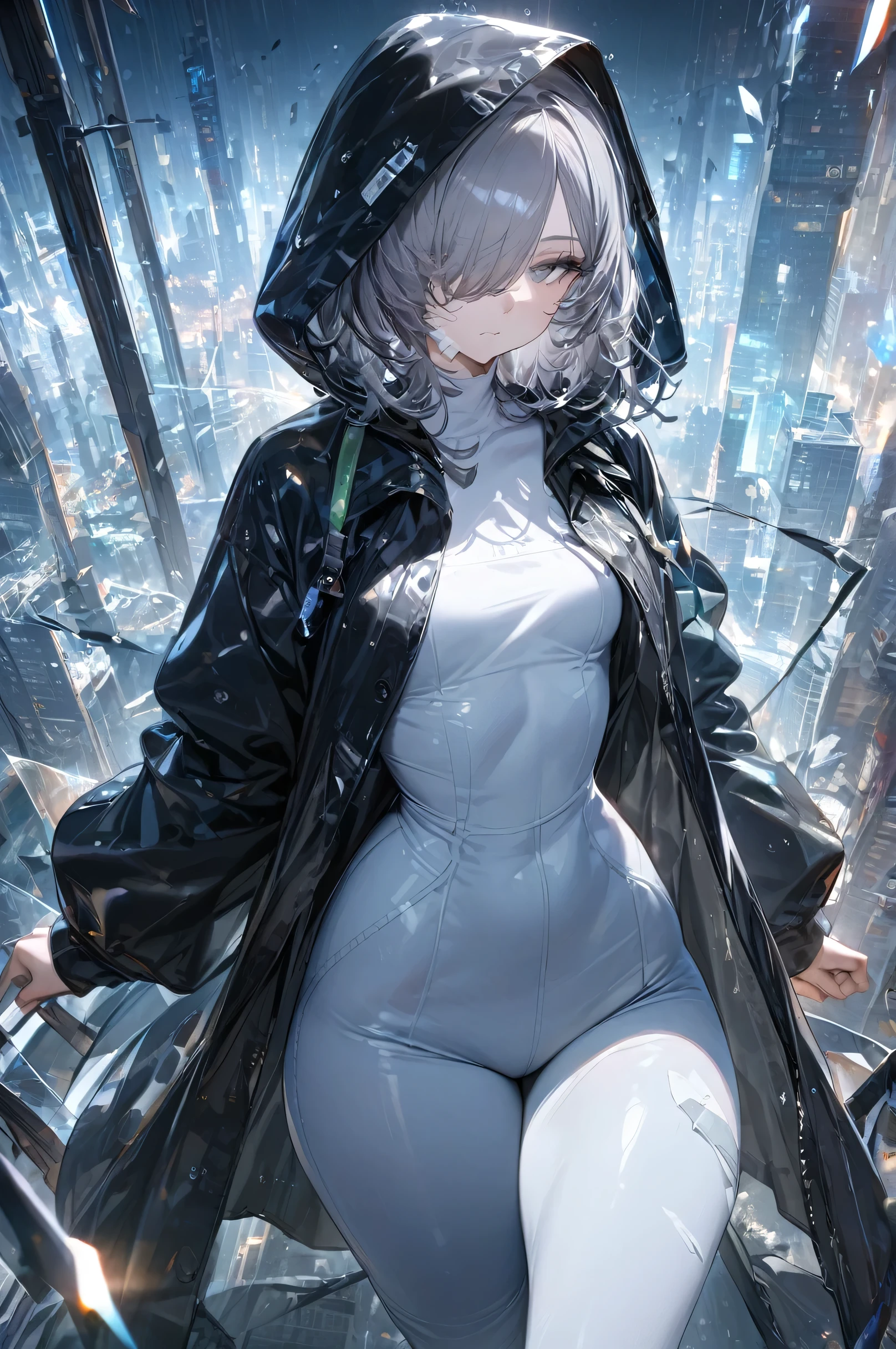 16K,Top-quality,Masterpiece,Very aesthetic,Absurdres,High resolution,
Cinematic,Dynamic angle,Standing,
Prism style,Broken world,Broken glass effect,Broken glass background,
1girl,Solo,,
(Hood up,Big hood,Raincoat,Black coat),
(White shirt,Jeans leggings),
(Black sneakers),
(Sanpaku,Gray eyes,Glass eyes,Gauze on face,Half opened eyes,Expressionless),
(Gray hair,Medium hair,Long braid,Long sideburns,Hair over one eye),
(Flat chests,Beautiful ass),
(Thick thighs,Wide hips,Skinny waist,Curvy),
Looking at viewer,Glass,Wearing Glass,
Futuristic City,Light blue theme,Backlight,Warm tones,Tranquil