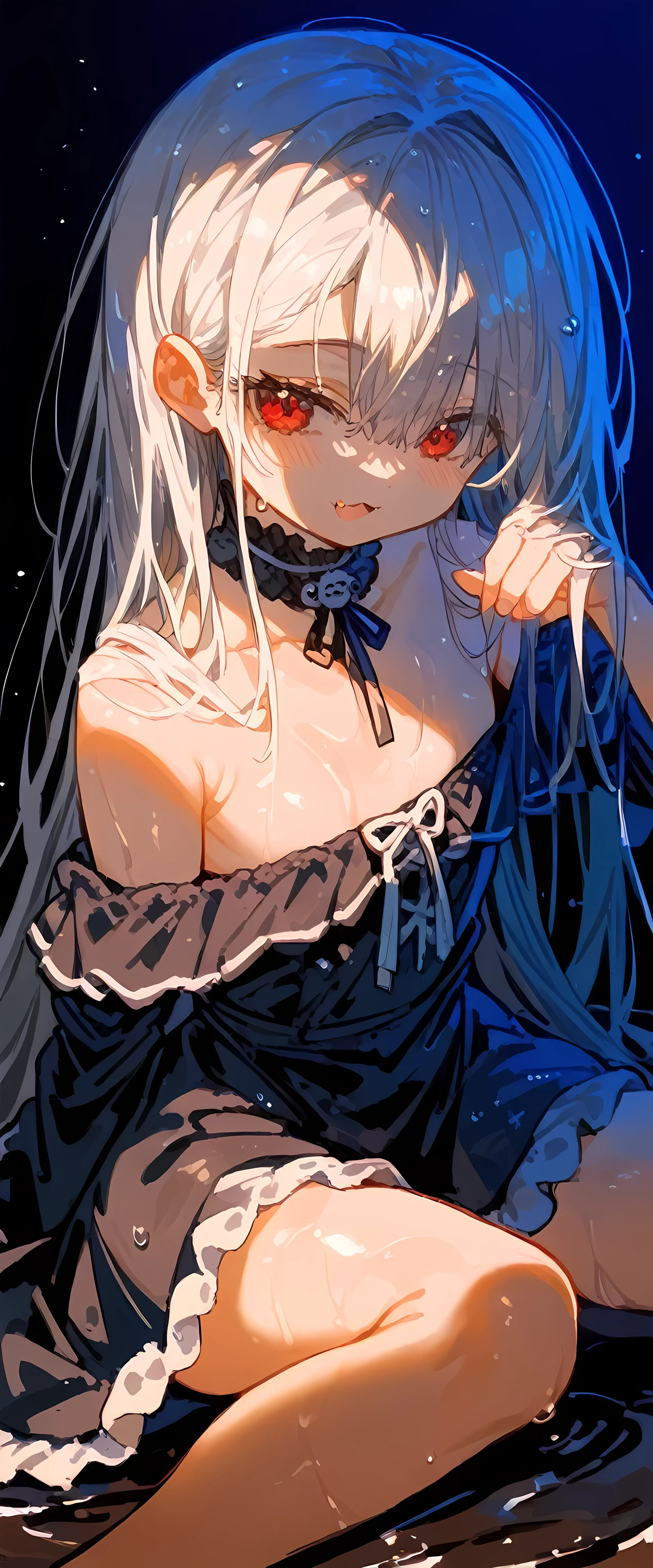 (((White background)))( High ReSolution の傑作, 超 High ReSolution , high detailed, High ReSolution モデル, beSt quality:1.2),Little Young Girl , white Skin,Oily, Sweaty Skin, Sparkling Silver BangS , highlight color hairStyle,Inner Color, Behind the ear, wet hair , Silver Twin Tail Hair , Diagonal bangS, Hair covering the eyeS:1.3, Cookhold Subjective (maSterpiece:1.5), Super detaileded, High ReSolution , 8k, Beautiful Sparkling Red EyeS 、detailed, 1 cute girl, S , Small breaStS,Small breaStS, Girly DreSS Goth Outfit ,Evil Fang Smile ,Fang Smile