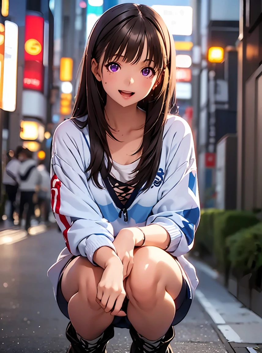  High Resolution ,In 8K,Best Quality,detailed,Semi-realistic anime,3D anime style,Smooth anime CG,One Girl,19 year old Japanese woman,slim,Modeling, ((Semi Long Cheek Hair )), Beautiful brown hair,detailedな顔,Beautiful and detailed,Glowing Skin,(( deep blue-purple glowing eyes)),(Small breasts),(((Open your mouth))),(Smile),((( One Piece Streetwear))),( lace up long boots),Shibuya at dusk 