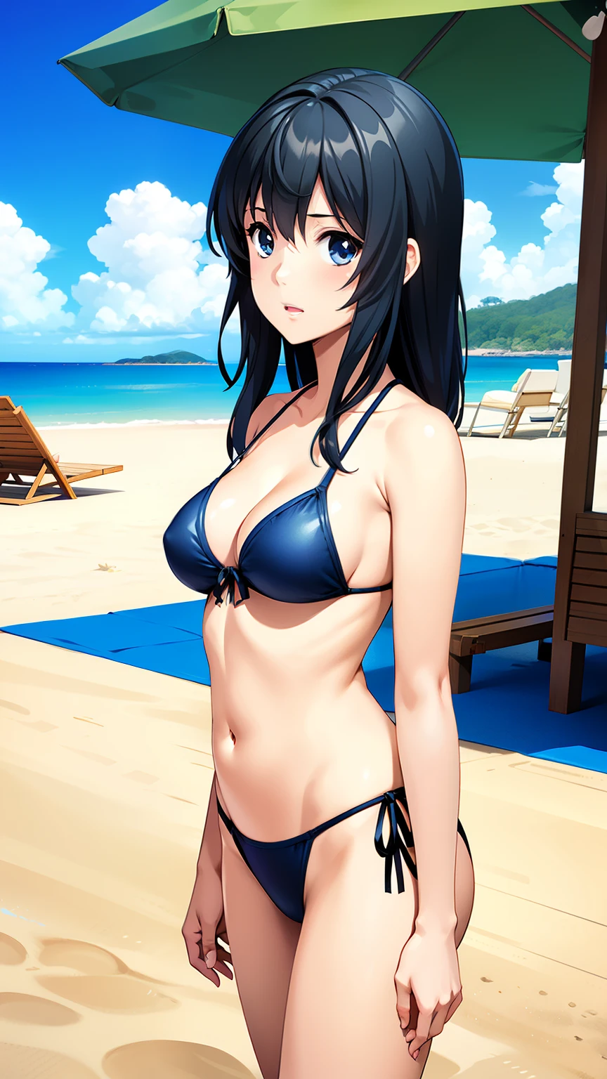 Lynn Minmei,  1 girl, Alone,  Black Hair ,  cowboy shot, Super detailed,  best quality, masterpiece, figure, Game CG, Beach,  swimsuit