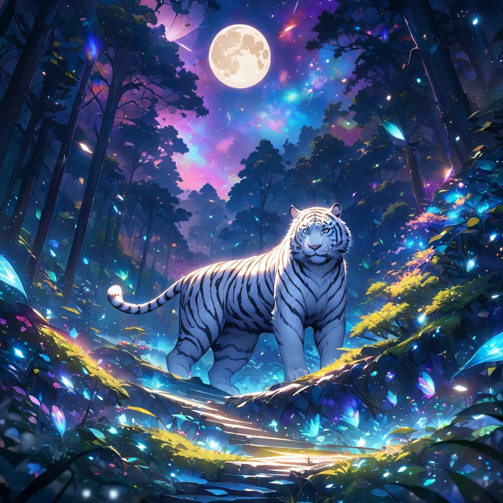 extensive landscape photography (a view from below showing the sky above and an open forest below), a white tiger on a path looking at the landscape, white siberian tiger, full fur, white fur (particle of light around of the tiger), toffu fur, night scenery, (full moon: 1.2), (shooting stars: 0.9), (nebula: 1.3), (warm light source: 1.2), (Firefly: 1.2), ( snowflake: 1.0), (snow on tree) (masterpiece: 1.2), (best quality), 4k, ultra detailed, (dynamic composition: 1.4), very detailed and colorful details, (iridescent colors: 1 ,2), (bright lighting, ambient lighting), dreamy, magical, (alone: ​​1,2)