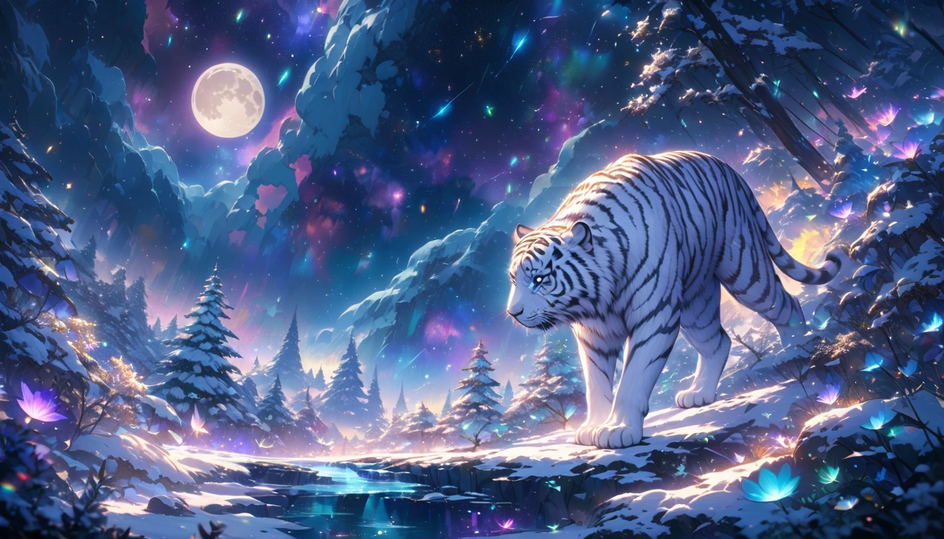 extensive landscape photography (a view from below showing the sky above and an open forest below), a white tiger on a path looking at the landscape, white siberian tiger, full fur, white fur (particle of light around of the tiger), toffu fur, night scenery, (full moon: 1.2), (shooting stars: 0.9), (nebula: 1.3), (warm light source: 1.2), (Firefly: 1.2), ( snowflake: 1.0), (snow on tree) (masterpiece: 1.2), (best quality), 4k, ultra detailed, (dynamic composition: 1.4), very detailed and colorful details, (iridescent colors: 1 ,2), (bright lighting, ambient lighting), dreamy, magical, (alone: ​​1,2)