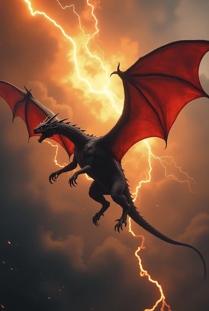 A realistic dark red and black dragon flying over a dark landscape