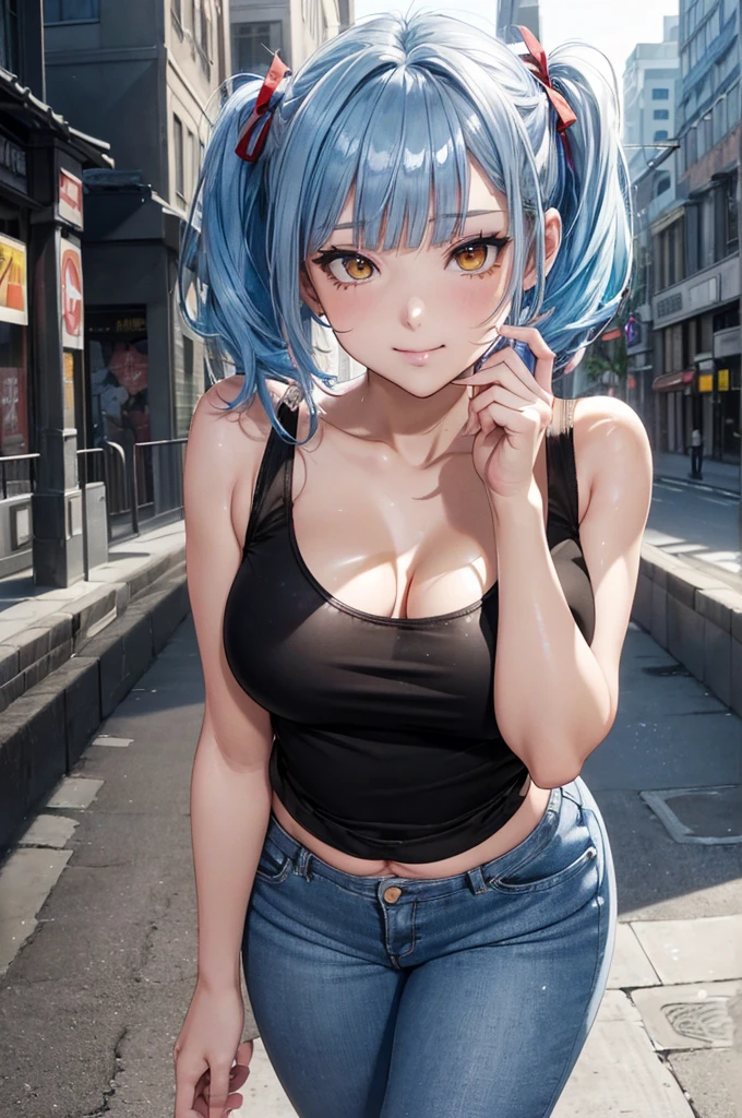 Big soft breasts ((beautiful and cute 28 year old tanned girl)), (((((natural blue hair, with earrings))))), ((double eyelids, light brown eyes)) detailed, hyper detailed eyes, light effect on the eyes, specific iris, has an extremely sexy appearance, with incredible breasts and perfect waist, and an extremely sexy body, long sleeve button-down blouse, cowboy shot, cool jeans, beautiful makeup, cleavage, ((work - prime, hyper realistic, hyper detailed, best quality, 16k, Light and shadow effect on skin, vivid colors)), eyeliner, angry expression, perfect lips, innocent and sexy face, ((skin with light and shadow), beautifully seductive, passionate, embarrassed, ((she is beautiful)), sensual pose: 1, 2 looking at the viewer, angry look: 1,1, on the street, flower field on the side of the road, beautiful flowers