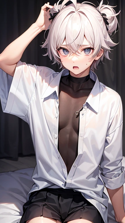 cheeky handsome boy　silver hair　piercings in both ears　suit　illustration style　Slender body　naughty smile　lying down