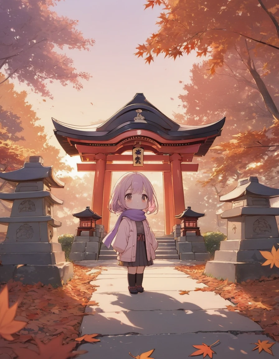 masterpiece, best quality, ultra-detailed, Low Fidelity (lofi) art style, pastel pink and purple tones with soft orange for the autumn leaves. chibi,A young girl stands quietly in front of a small, traditional Japanese shrine surrounded by autumn leaves. She wears a pastel purple scarf and a light jacket, her breath visible in the crisp autumn air. The shrine is nestled under large maple trees, their leaves a soft mix of orange, red, and gold, gently falling around her. The path leading up to the shrine is lined with stone lanterns, casting a warm glow in the early evening light. The sky is a soft gradient of pink and purple as the sun sets, creating a peaceful and nostalgic atmosphere. The girl stands in quiet reflection, gazing up at the autumn leaves gently swaying in the breeze. The scene is calm, serene, and filled with the essence of a quiet autumn day.