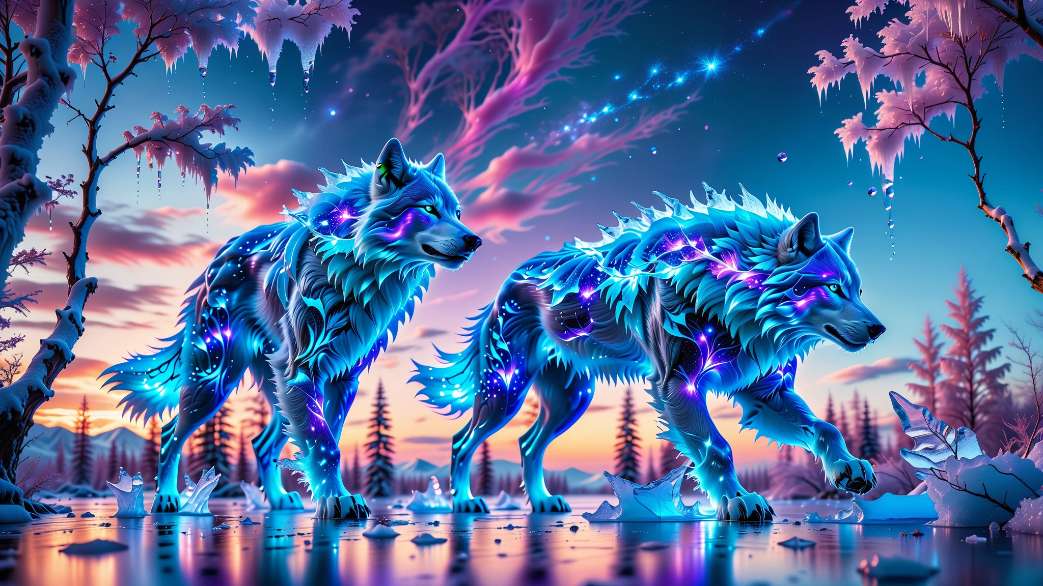 A Masterpiece In 32K Resolution, Supreme Quality, Super Detail, Official Art, Very High-Resolution 32K Wallpaper, Beautiful And Aesthetic, Ultra-Detailed Features, Awe-Inspiring Detail. Towering Bioluminescent Trees Stretch Into A Purple Sky, Their Branches Pulsing With Electric Blue Light. Rising From The Depths Is A Colossal Ice Wolf, Its Body Covered In Frozen Armor-Like Fur. Massive Paws Unfold From Its Sides, Glinting In The Light, Its Frosty Breath Leaving Trails Of Sparkling Ice In The Air. Giant Floating Beasts Drift Through The Air, Their Silhouettes Blending With The Exotic Landscape.