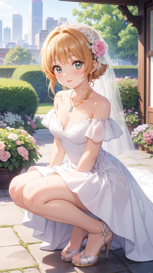 masterpiece, best quality, highres, 1girl, detailed face, blush, anime CG style, (medium breasts), (18 year old girl:1.3), (aged up), good lighting, perfect body, sakura kinomoto, glossy lips, looking at viewer, garden, city, wedding dress, off the shoulder, high heels, necklace