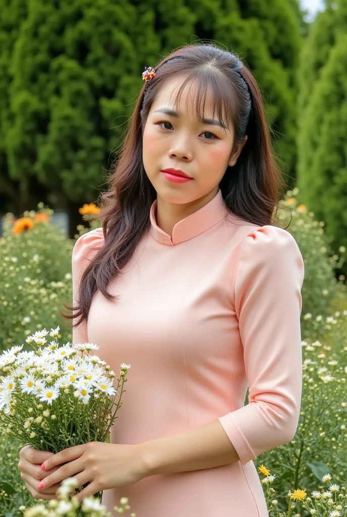 huongtrinh, 39 years old, (Realistic, Photorealistic), Pastel colored mini dress with puffy sleeves, paired with a white sneaker , K-Pop idol, standing and looking at the viewer, ((highest quality)), ((intricate details)), ((realistic)), absurd resolution, young ,   highly detailed photo, one girl, medium breasted, perfect hands, detailed fingers, beautifully detailed eyes,((long curly hair)), black eyes, Detailed background, perfect eyes, enchanting eyes, looking. Viewed from the front