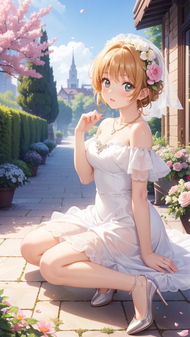 masterpiece, best quality, highres, 1girl, detailed face, blush, anime CG style, (medium breasts), (18 year old girl:1.3), (aged up), good lighting, perfect body, sakura kinomoto, glossy lips, looking at viewer, garden, city, wedding dress, off the shoulder, high heels, necklace, (lace panties:0.8)